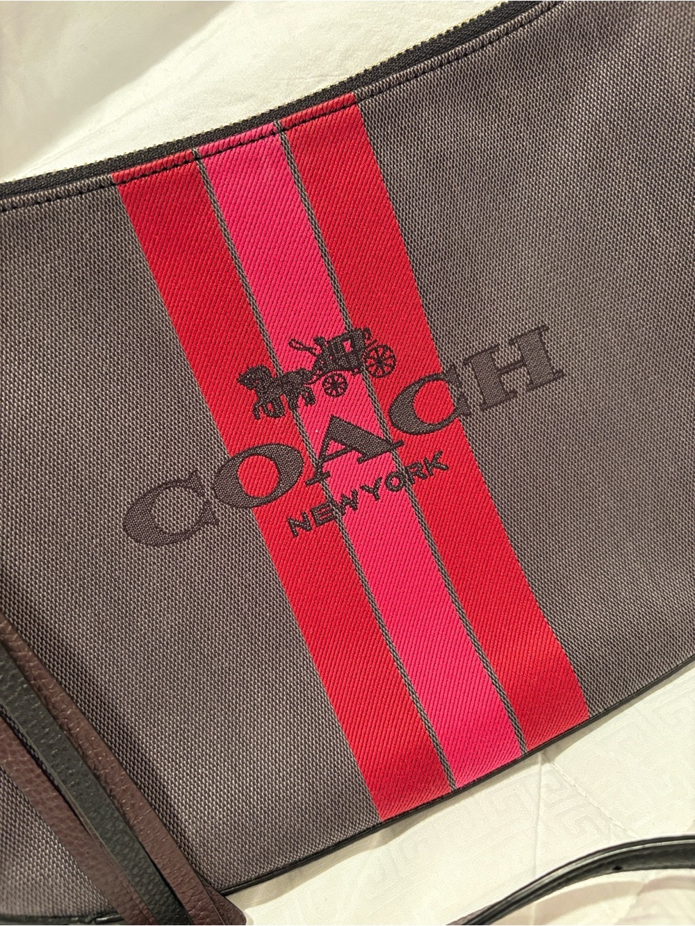 Coach Horse and Carriage Jacquard Sutton Crossbody Bag Pink & Red Center Stripe - Picture 13 of 16